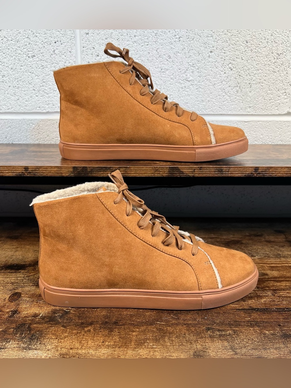 Loft Booties Faux Suede Tan Sherpa Lined Lace Up Flat Boots Winter Cozy Women 10